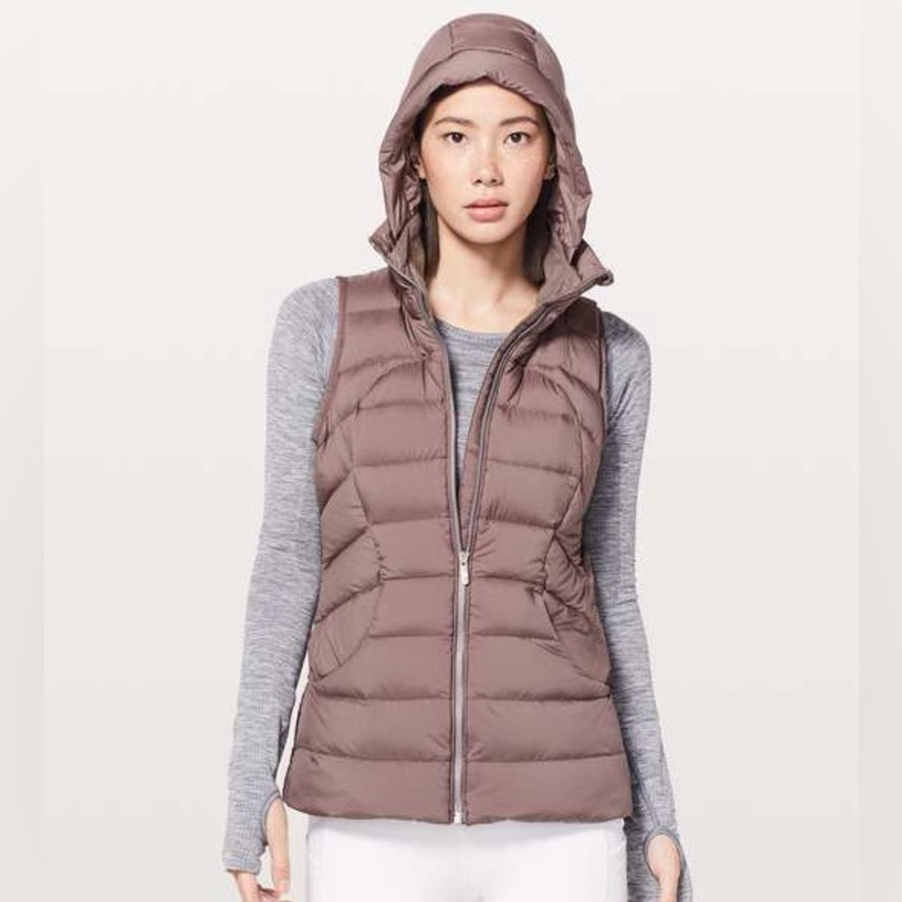 LULULEMON Sz 2 Mauve Stone Pack It Down Hooded Goose Down Packable  Puffer Vest
